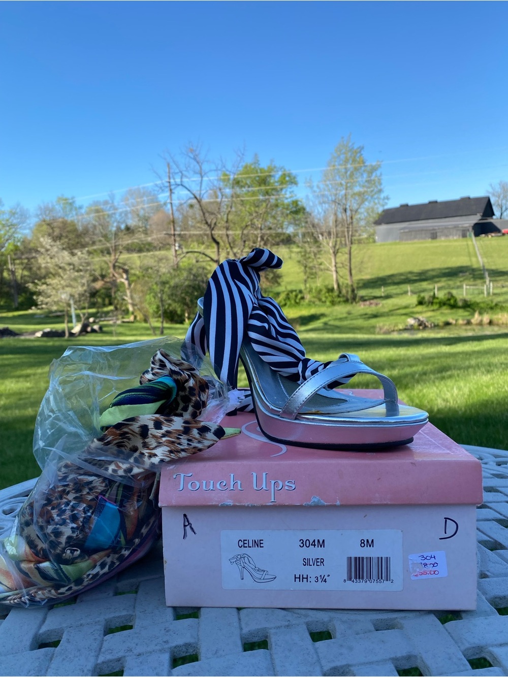 Touch Ups Silver Heels with Black & White Striped Bow